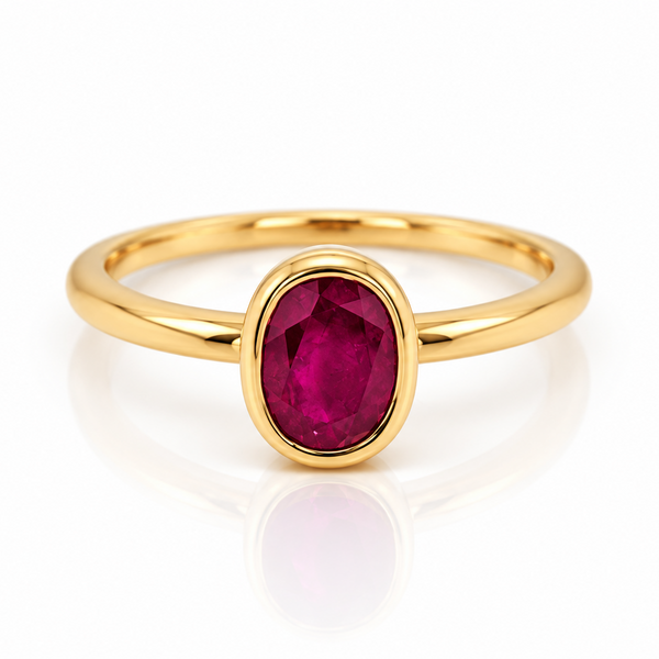 18ct yellow gold ring featuring a centre oval shape ruby