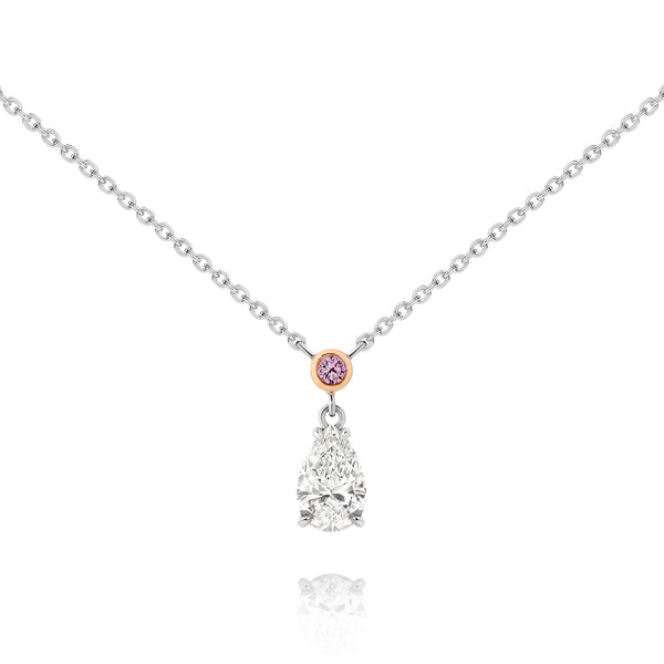 Platinum and rose gold necklace with a pear-shaped diamond pendant