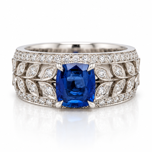 An Art Deco style diamond ring featuring a cushion-cut blue sapphire center stone, surrounded by a silver-toned leaf-pattern setting paved with small round diamonds, shown on a white background with a soft reflection.