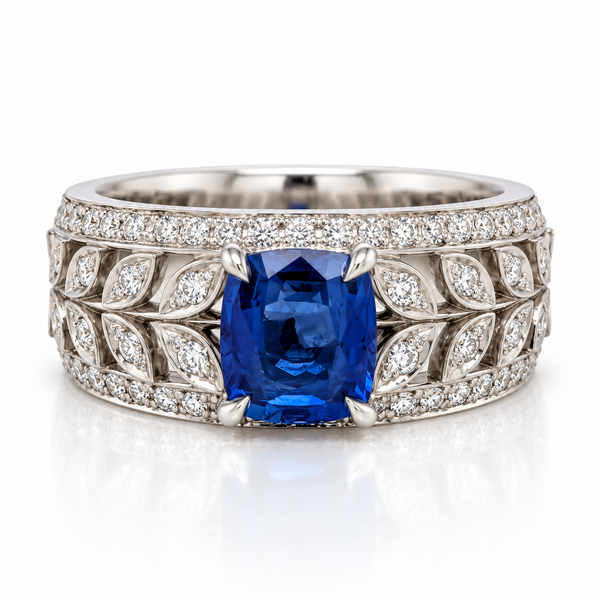 An Art Deco style diamond ring featuring a cushion-cut blue sapphire center stone, surrounded by a silver-toned leaf-pattern setting paved with small round diamonds, shown on a white background with a soft reflection.