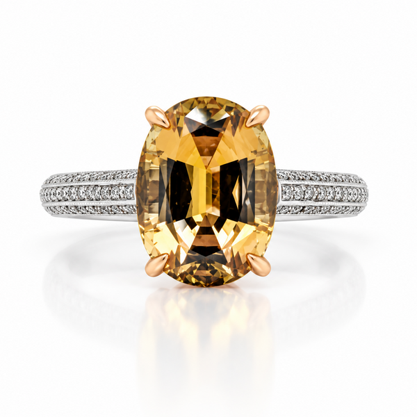 Platinum and 18ct rose gold ring with centre tourmaline and diamond pave band