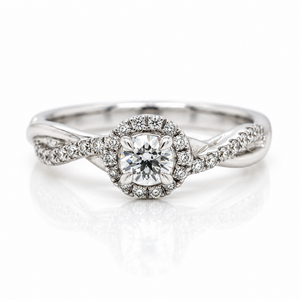 18ct White gold ring with a twist band and diamond halo