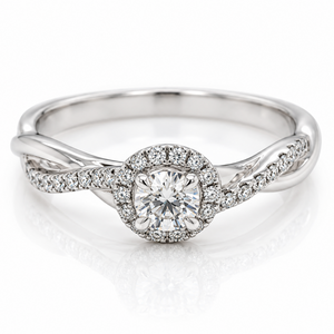 18ct White gold ring with a twist band and diamond halo