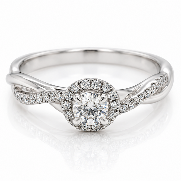 18ct White gold ring with a twist band and diamond halo