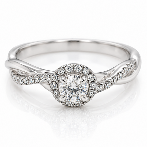 18ct White gold ring with a twist band and diamond halo