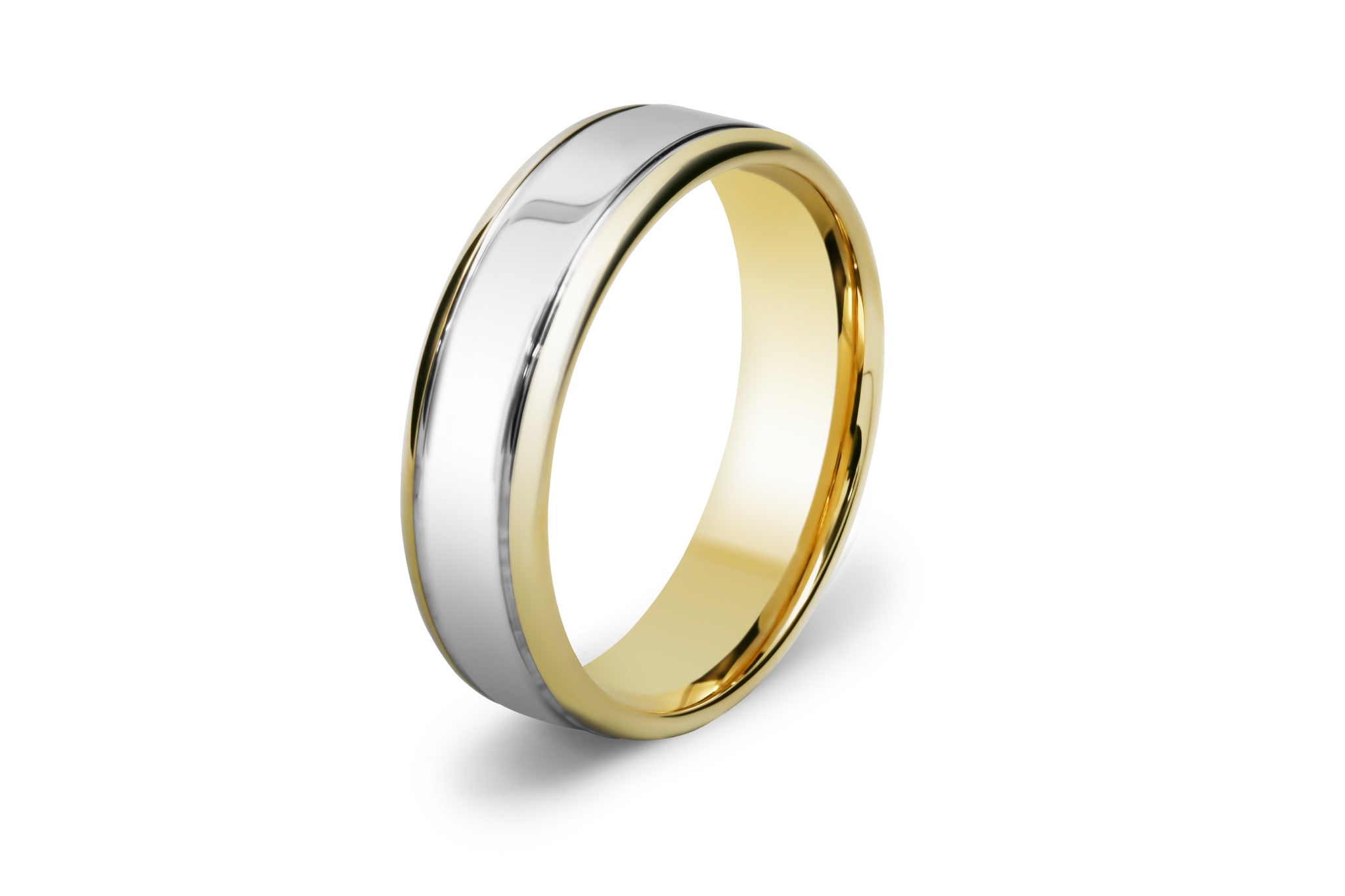 Two Tone Double Scored Line Men's Wedding Ring with Rounded Edges